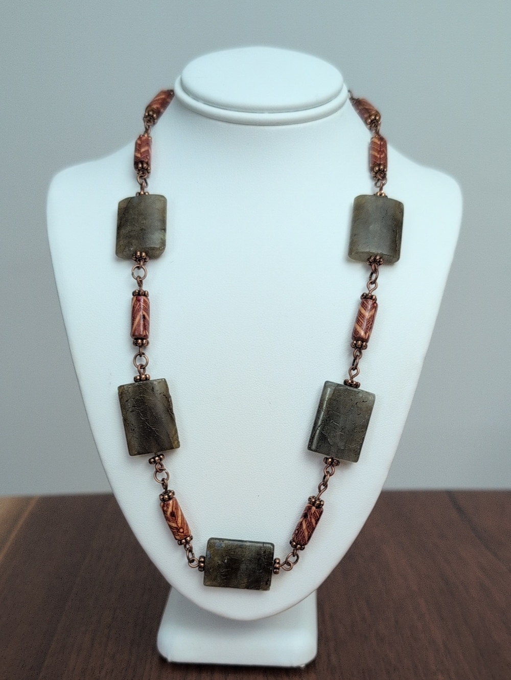 Handmade Labradorite, Wood and Copper Link Statement Necklace - Green/Brown